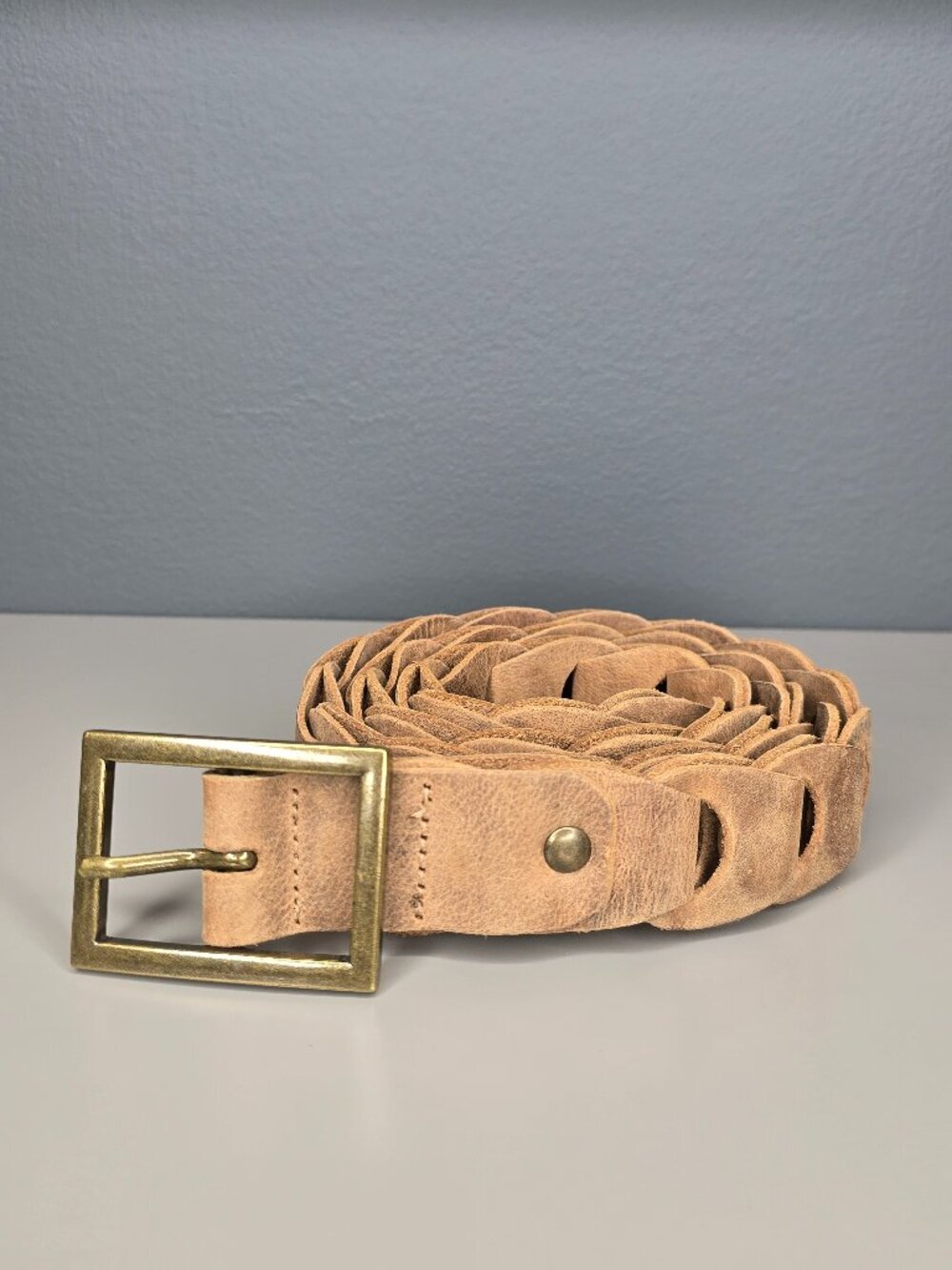 Vintage Boho Tan Braided Leather Belt with Chunky Brass Buckle